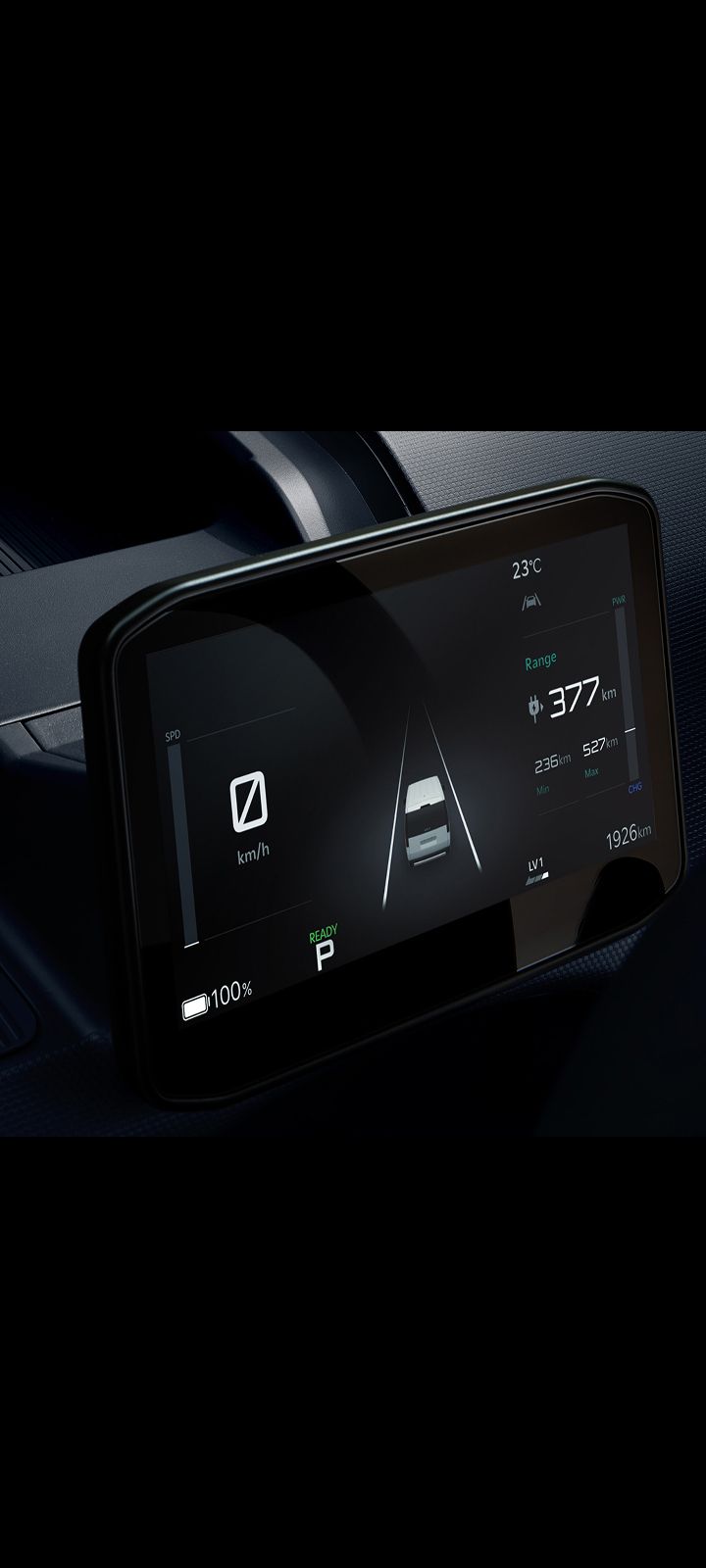Nahaufnahme des digitalen Kombiinstruments im Kia PV5 Cargo mit Sicht auf alle wichtigen Fahrinformationen.